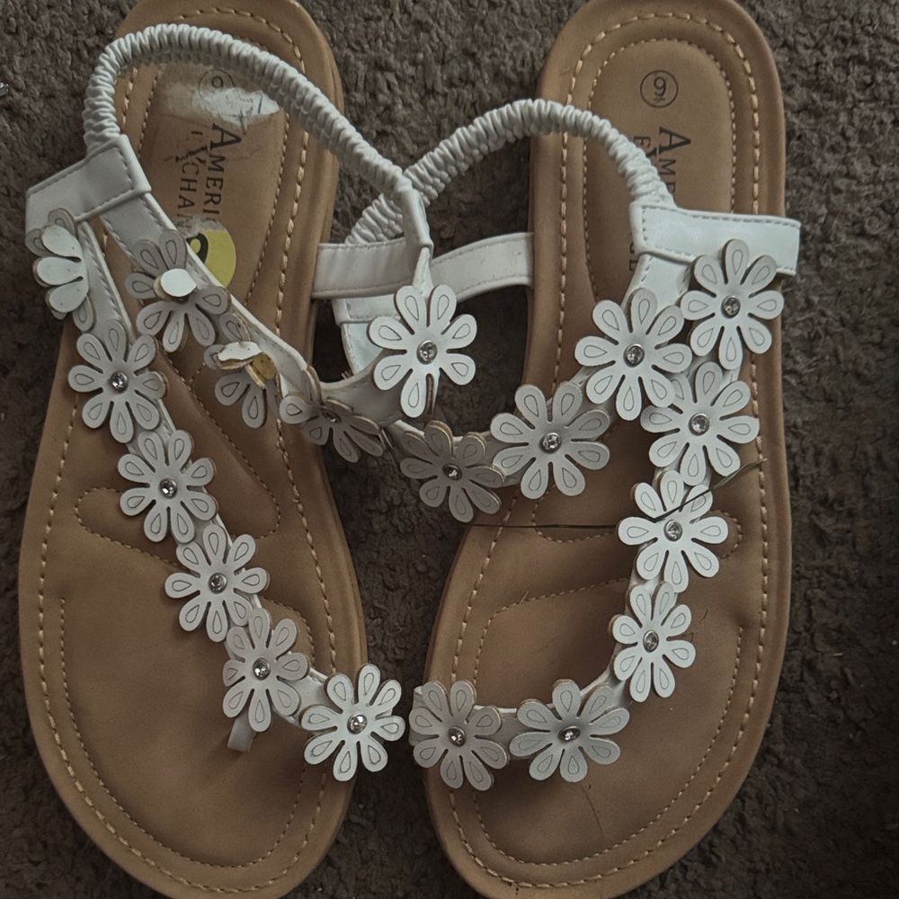White Floral T-Strap Sandals